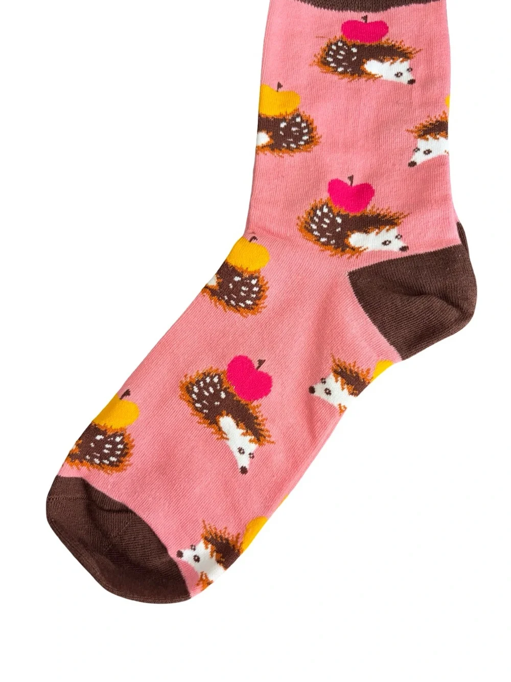 Hedgehog Apple Colorful Novelty Crew Socks Womens Pink and Brown